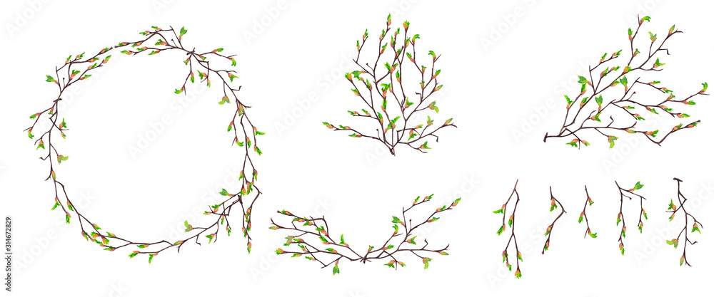 Backgrounds' set of realistic birch branches in spring  time with blooming buds. Wreath, bouquets, garland and isolated elements. Easter decor. Hand painted watercolor.