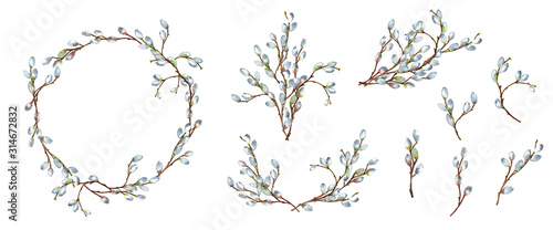 Backgrounds' set of realistic willow branches in spring  time with blooming fluffy buds. Wreath, bouquets, garland and isolated elements. Easter decor. Hand painted watercolor. photo