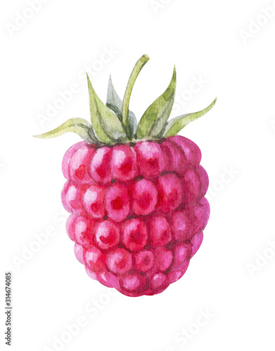 Handdrawing watercolor raspberry berry isolated on white background with leaf frontally view