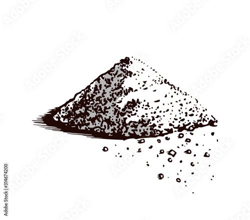 Sea salt. Powdered powder and bunch of seeds. Vintage background poster. Engraved hand drawn sketch. 