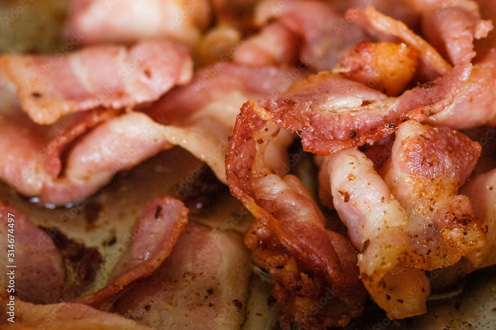 Gebratener Speck zum Frühstück, Nahaufnahme Gebratener Speck zum Frühstück, Nahaufnahme
