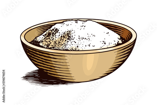 A cup of Sea salt set. Powdered powder and bunch of seeds. Vintage background poster. Engraved hand drawn sketch. 