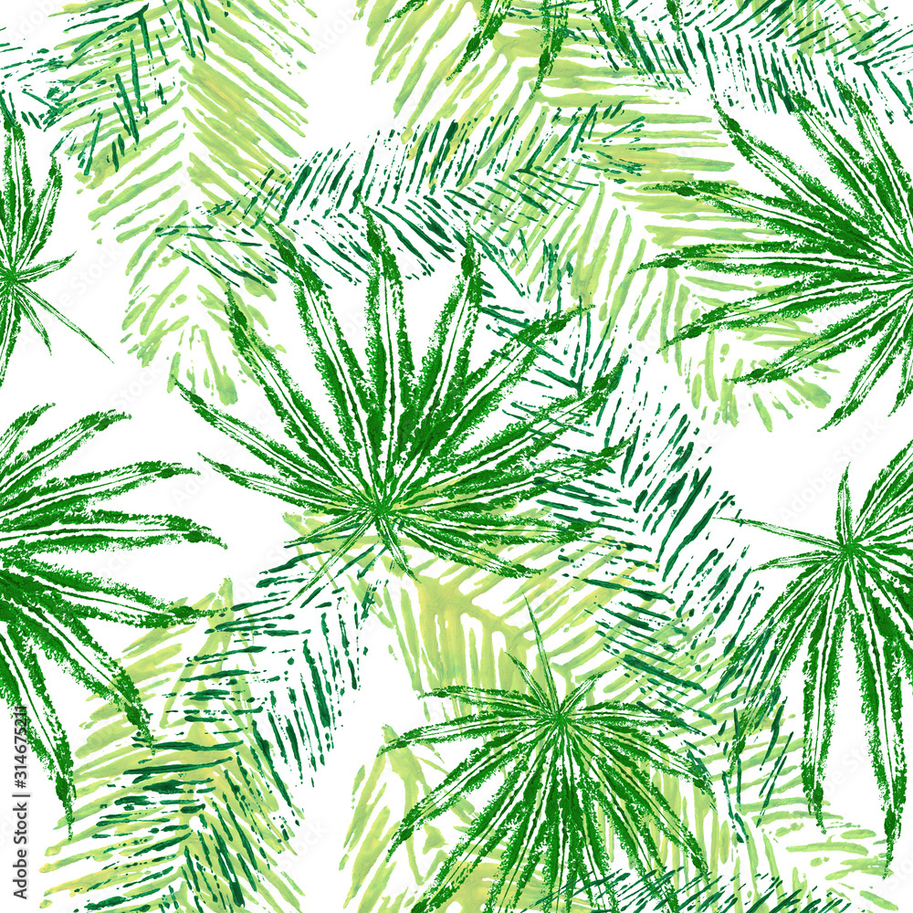 Pattern seamless watercolor with set imprint green leaves palm, for postcard, background, greeting card, invitation, cloth, wallpaper, textile, wrapping, spring