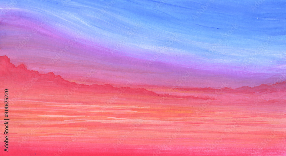 Beautiful colorful gentle sky at sunset in gouache