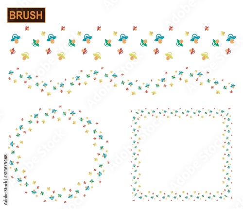 Colored baby pacifier illustrator brush for digital illustration. Baby's dummy vector frame.   