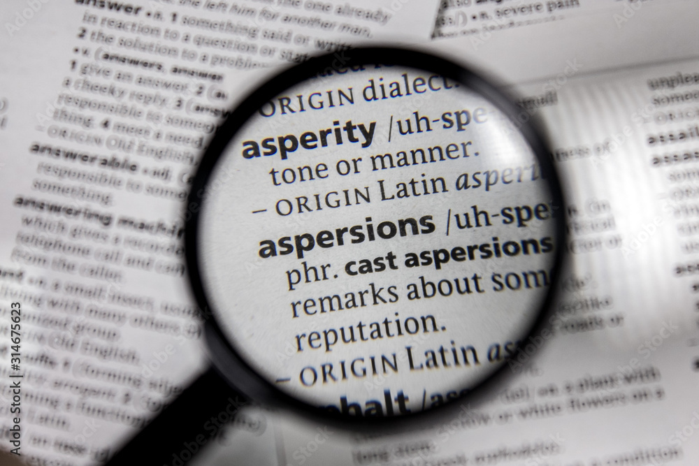The word or phrase aspersions in a dictionary. The word or phrase aspersions in a dictionary.