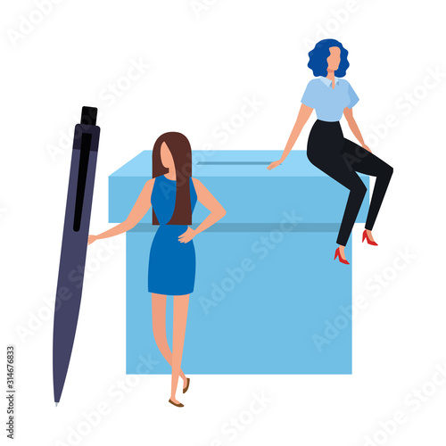 business women with ballot box and pen vector illustration design