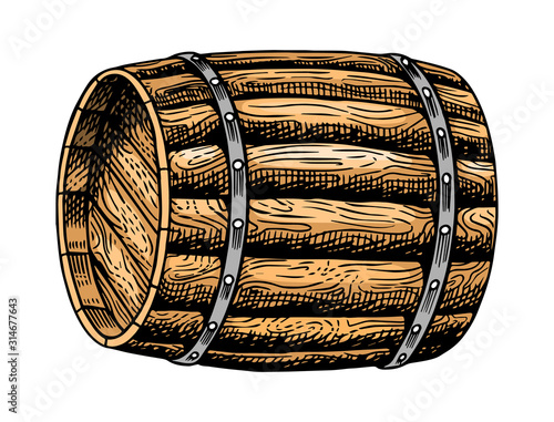 Wooden whiskey barrel or wine. Vintage Strong Alcohol drink. Hand drawn engraved monochrome sketch for retro poster, badge. American symbol.