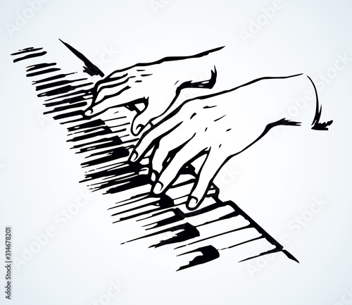 Hands on piano keyboard. Vector drawing