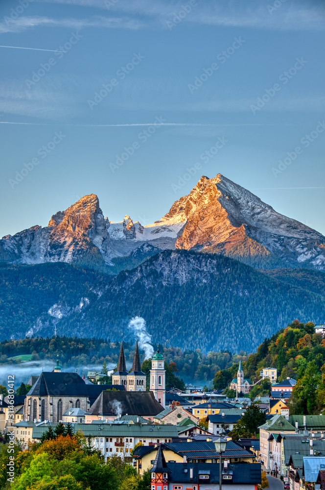 Mount Watzmann and the city of Berchtesgaden early in the morning
