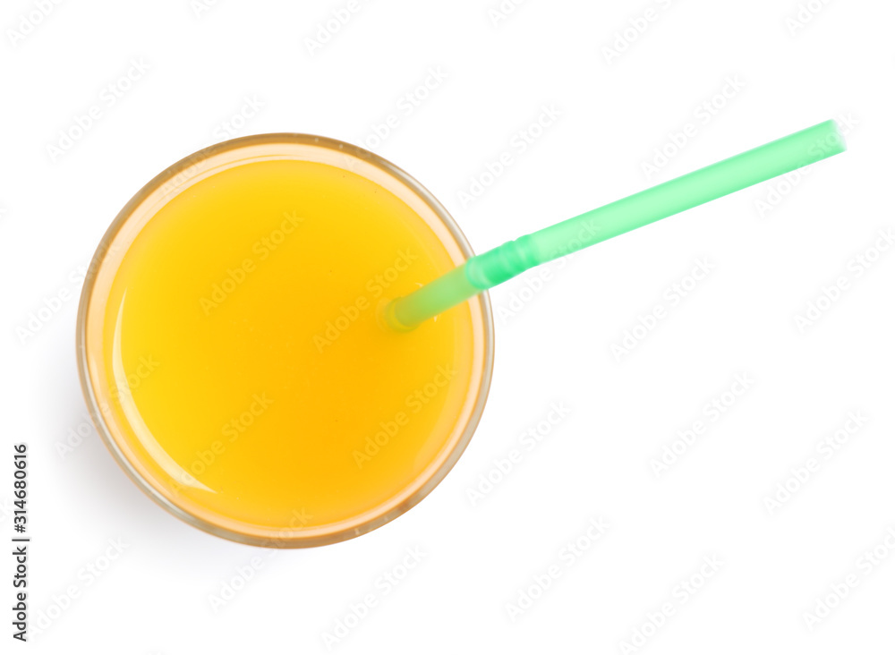 Fresh delicious mango drink isolated on white, top view Fresh delicious mango drink isolated on white, top view