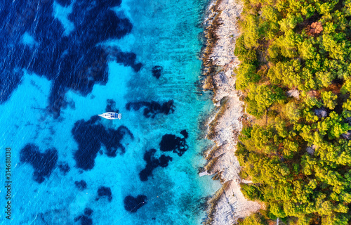 Fototapeta Naklejka Na Ścianę i Meble -  Blue water background and coast with forest from top view. Yacht on the water surface from top view. Summer seascape from air. Croatia. Travel - image