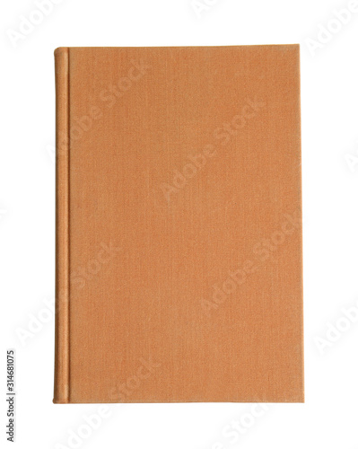 Old book with vintage beige cover isolated on white, top view