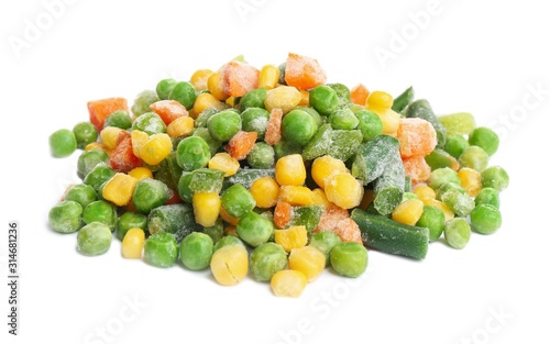 Pile of frozen vegetables isolated on white