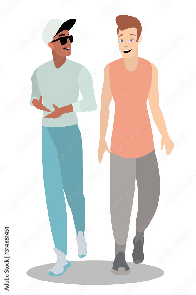 A young African American is walking and talking with a young white guy. Ideal for advertising and presentations.