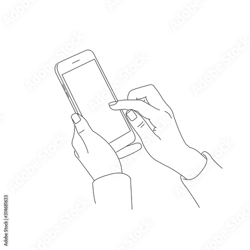 drawn sketch illustration of human hand using or holding big smart mobile phone, scrolling the screen, isolated