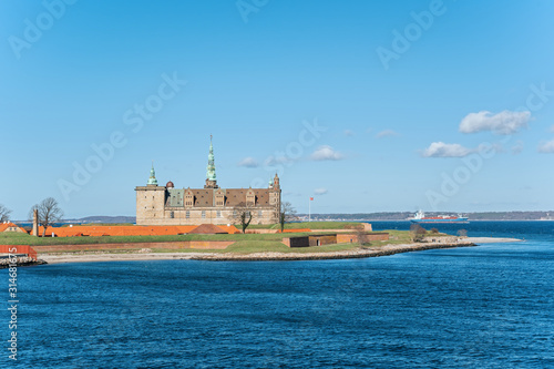 Danish harbour of Helsingor with Kronborg castle in the backgroundin sunny day