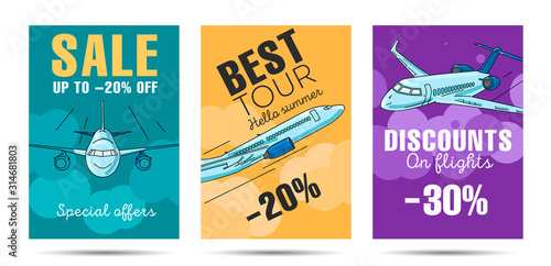 Set of posters for aircraft company with flying airplane in the sky vector set. Illustration of airplane from different sides, travel tour discounts