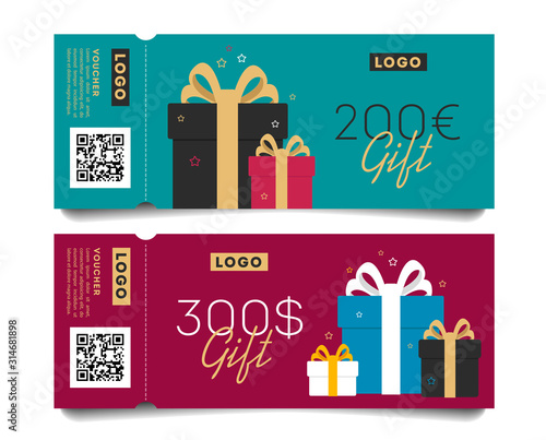 Gift voucher layout template with monetary award and gift boxes illustration. Special offer for the customer.