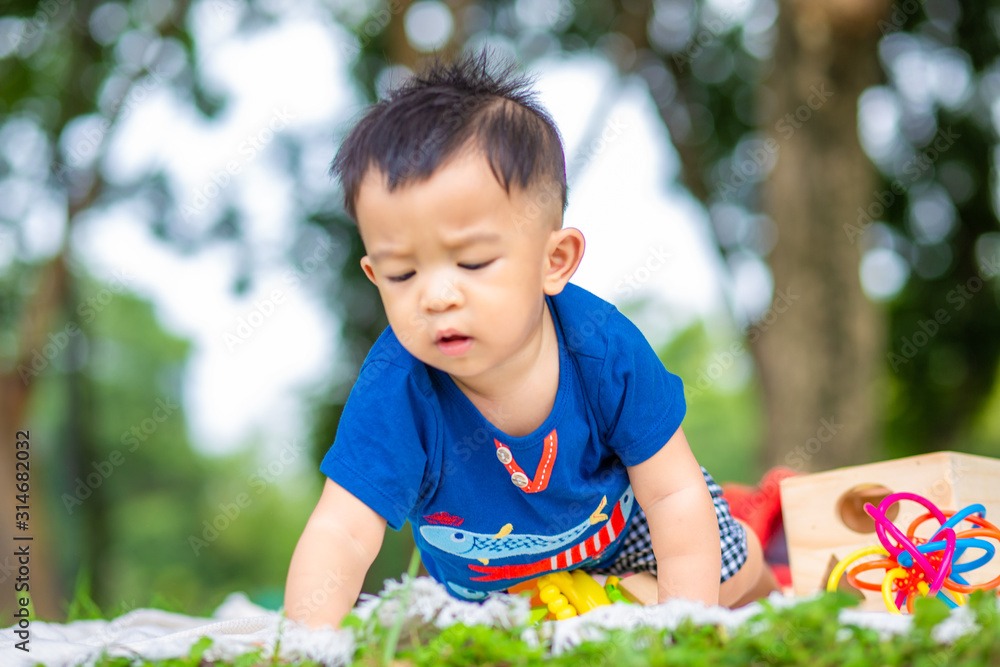 1 year baby boy crawling on green meadow in city park 1 year baby boy crawling on green meadow in city park