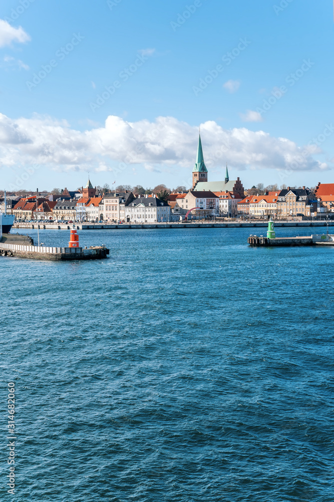 The city of Helsingor in Denmark from across the harbour.