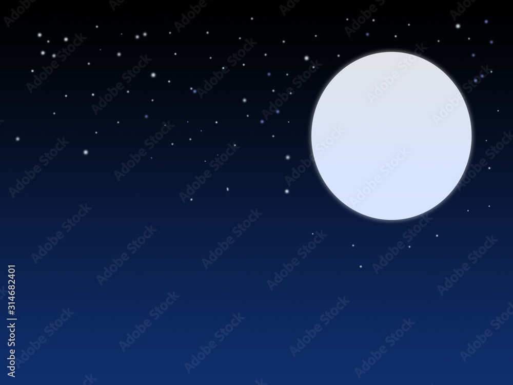 Naklejka premium dark blue night background with the bright full white moon and luminescent stars: illustration 