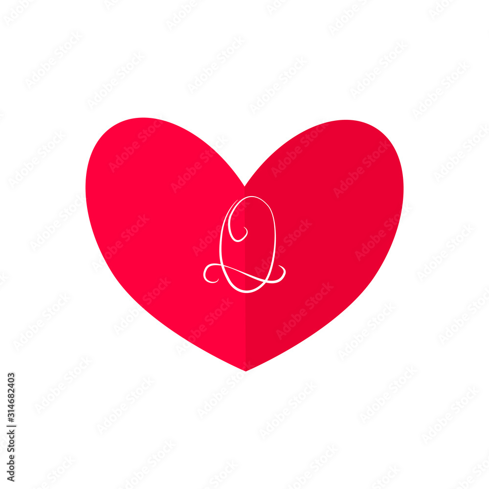 Valentine's day card with calligraphic capital letter Q