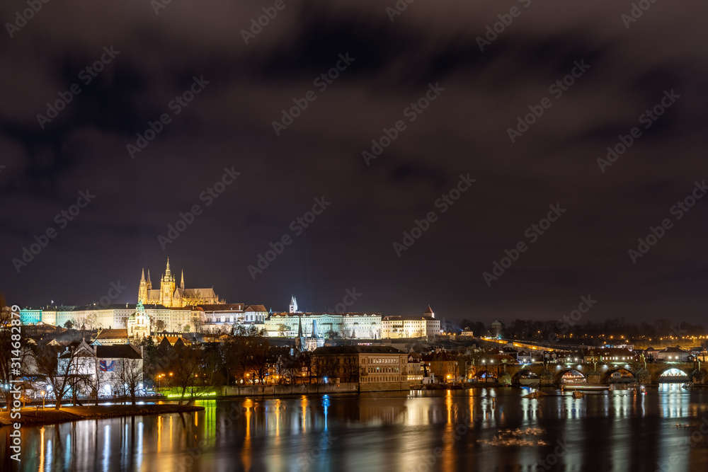 Prague castle and Charles bridge in the night, Czech republic