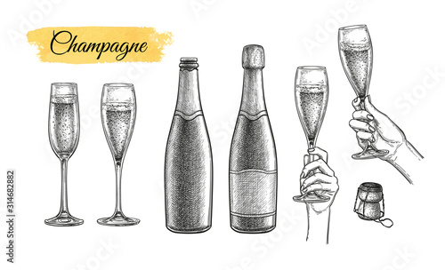 Clinking glasses and champagne bottles.