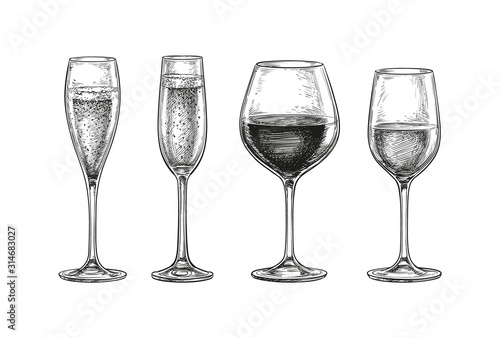 Glasses with champagne and wine.