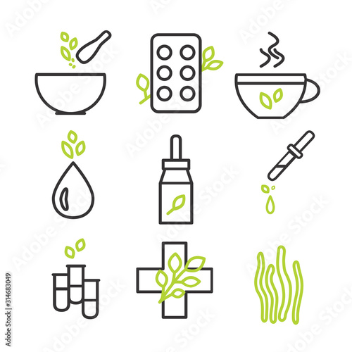 Herbal Therapy and medicine isolated icon set on a white background. For science, pharmacy, homeopathy, alternative medicine, organic or natural logo design.
