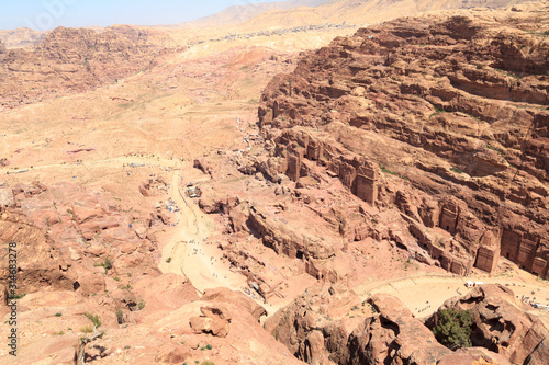 Panorama of ancient city of Petra with Royal Tombs seen from High place of sacrifice in Jordan