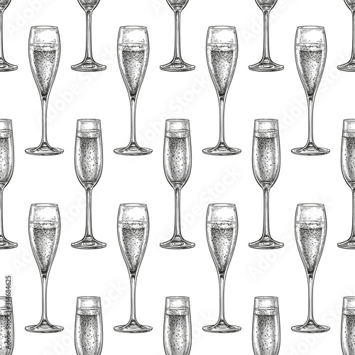 Seamless pattern with glass of champagne.