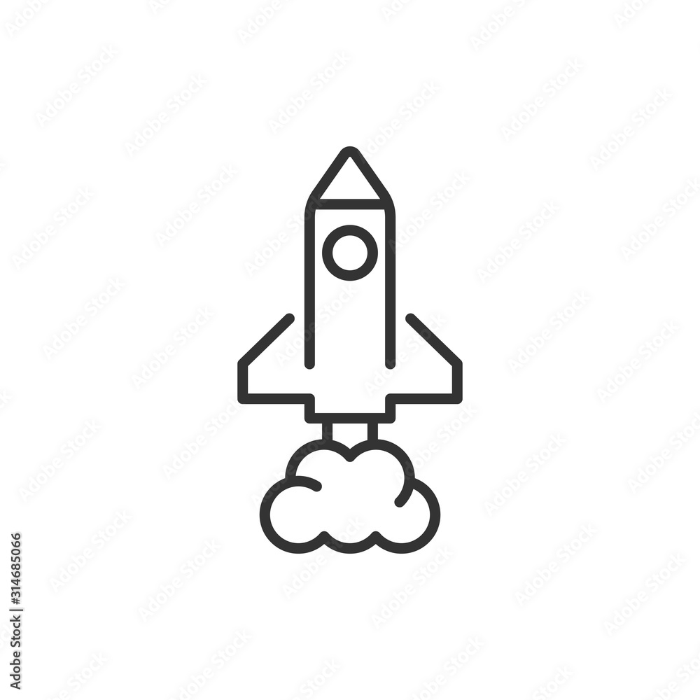 Rocket icon in flat style. Spaceship launch vector illustration on white isolated background. Sputnik business concept. Rocket icon in flat style. Spaceship launch vector illustration on white isolated background. Sputnik business concept.