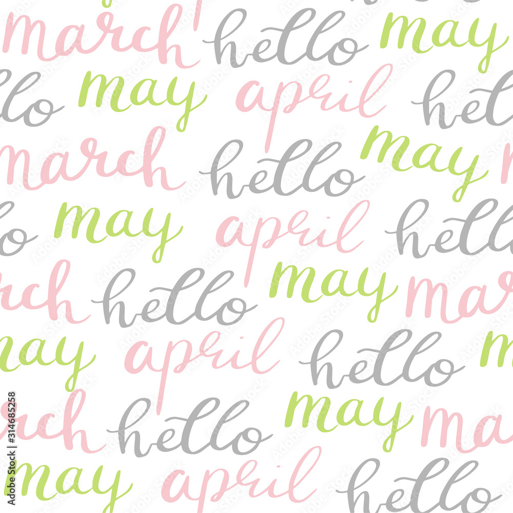 Hand drawn illustration. Seamless pattern with words for background, fabric, wrapping paper. stock template design on white background. flowers and color lettering Hello. Hand drawn illustration. Seamless pattern with words for background, fabric, wrapping paper. stock template design on white background. flowers and color lettering Hello.