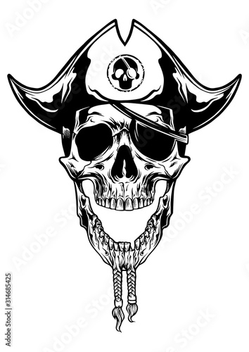 monochrome skull pirates wearing hat symbol logo. vector object illustration