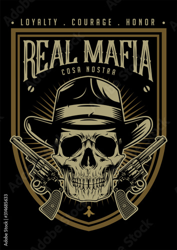 skull pirates with with pistols, mafia symbol logo. vector object illustration