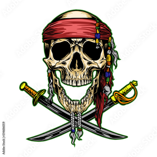 skull pirates wearing bandana and cross swords symbol logo. vector object illustration