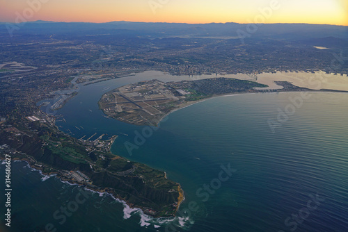 Aerial view of sunrise over the San Diego area with Point Loma and Coronado Island in San Diego, Southern California,USA.