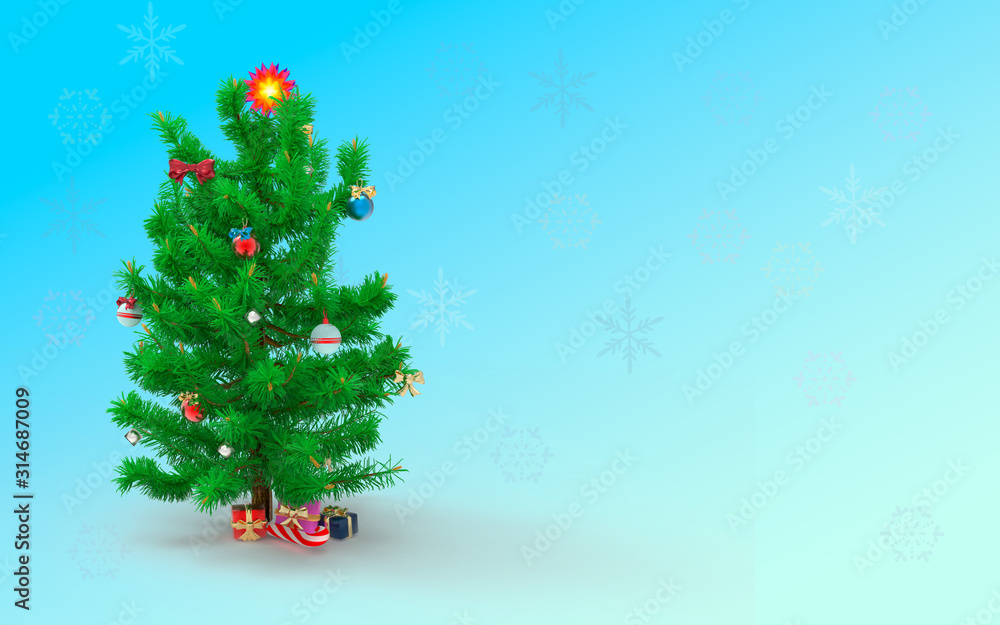Christmas background with 3 d image of a Christmas tree with gifts