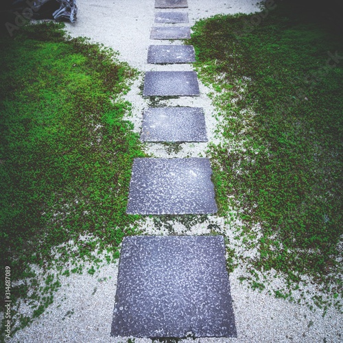 Fotografia High angle shot of a mossy path in a temple in Japan