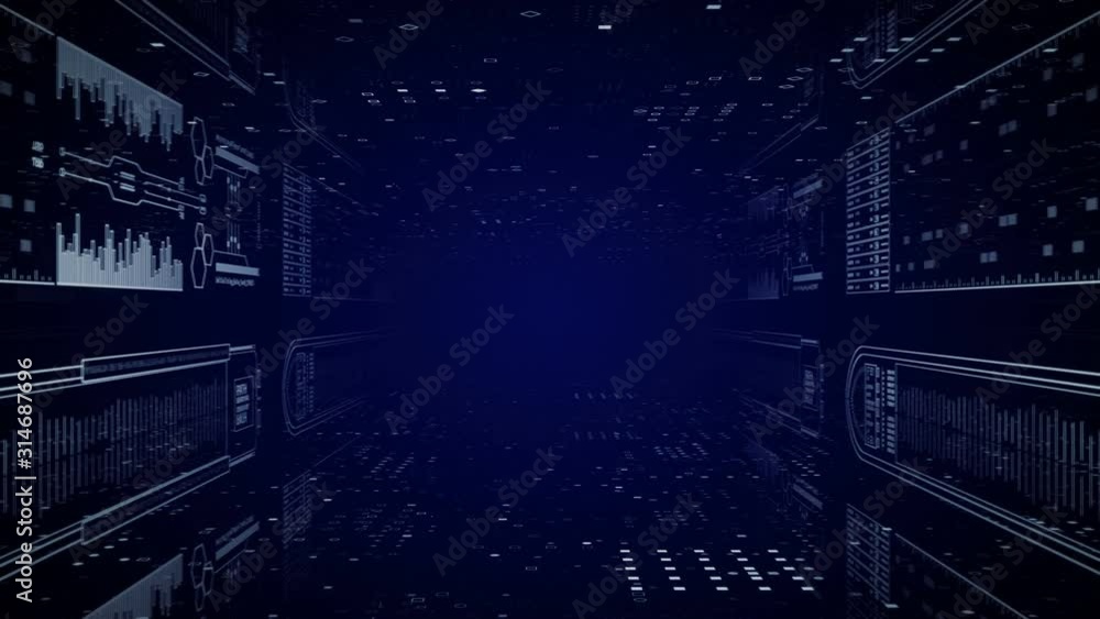 Looping HUD technological tunnel.Seamless 3D generated futuristic SciFi coorridor. Blue.Type 1 Looping HUD technological tunnel.Seamless 3D generated futuristic SciFi coorridor. Blue.Type 1