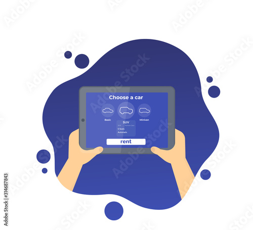 Car rent mobile app, tablet in hands, vector