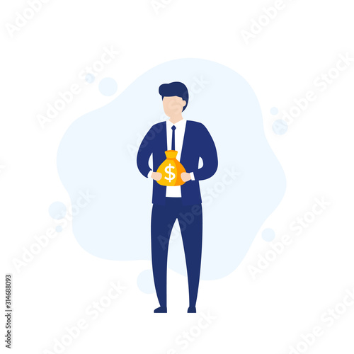 investor, businessman with money, financing and investing concept, vector