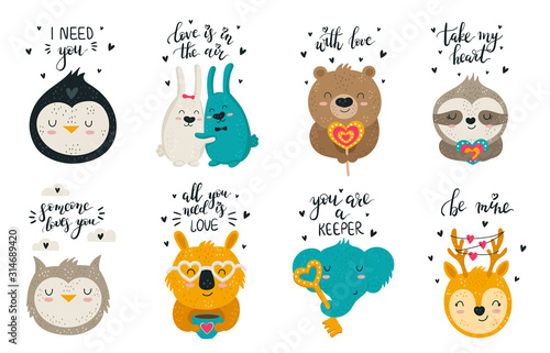 Vector collection of hand drawing cute animals and lovely slogans for Valentine's day