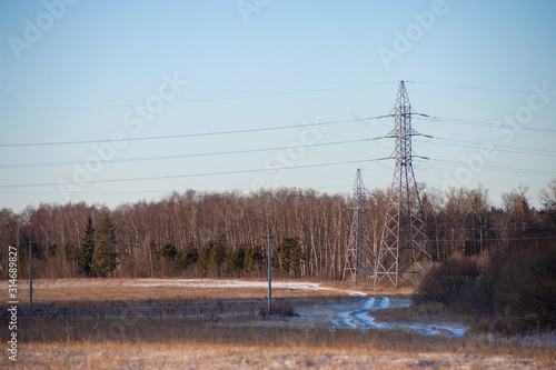Russian winter landscape with forest and power lines