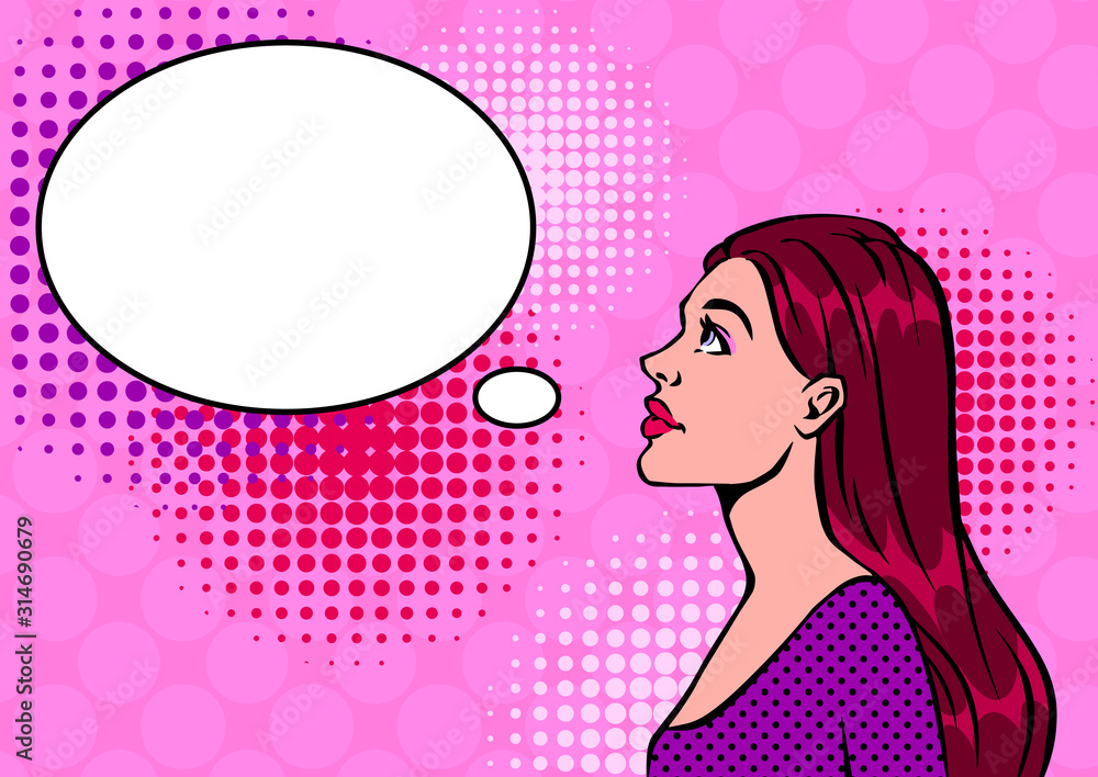 Woman looking up, thinking and empty speech bubble. Pop art vector illustration.