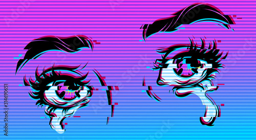 Vector comic illustration of crying eyes. Digital glitch effect. Cyberpunk style.