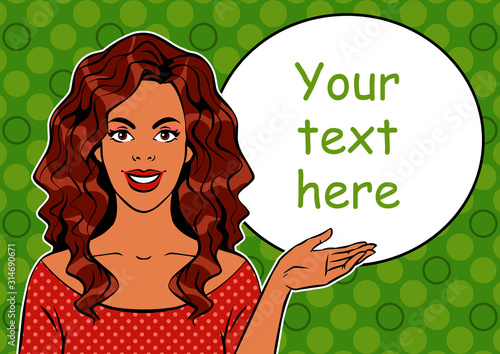 Smiling woman with presentation gesture and speech bubble. Product advertisement, invitation concept. Pop art comic illustration.
