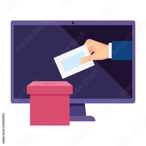 computer for vote online with ballot box and hand vector illustration design